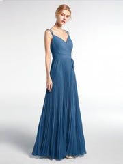 Pleated Skit Double Straps Dress with Self tie Ink Blue