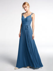 Pleated Skit Double Straps Dress with Self tie Ink Blue