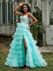 Sweetheart Ruffle Skirt Tiered Tulle Gown With Slit Turquoise