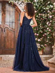 Sweep Train Tulle Dress With Slit Dark Navy