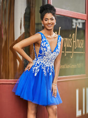 A Line Sleeveless Lace Tulle HOCO Dress Royal Blue