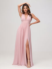Sleeveless V-neck Chiffon A-line Dress with Slit Dusty Rose