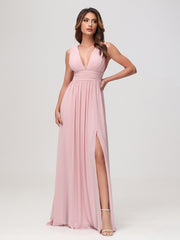 Sleeveless V-neck Chiffon A-line Dress with Slit Dusty Rose