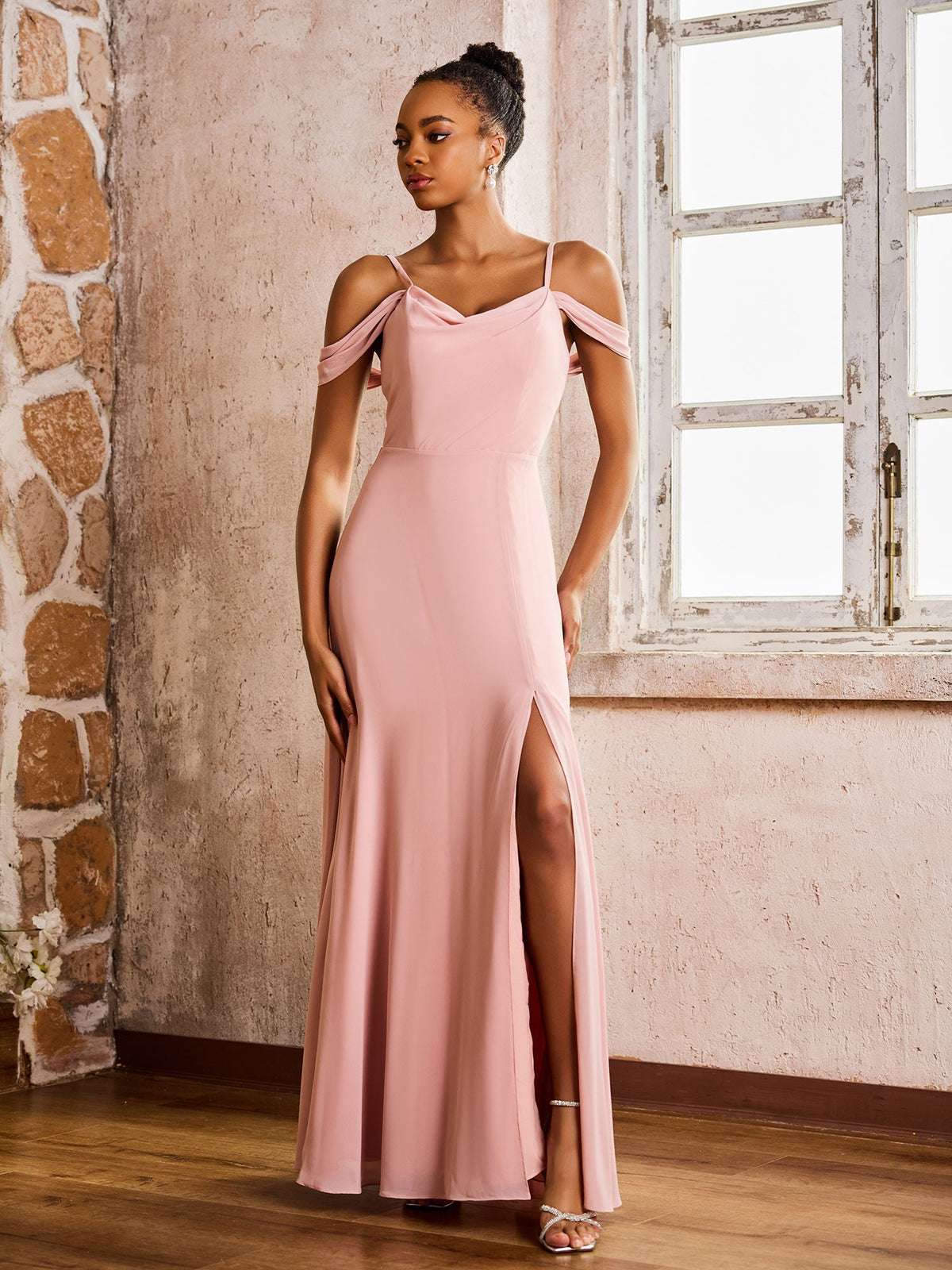 Off-the-shoulder Sheath/Column High Slit Dress with Spaghetti Straps Dusty Rose