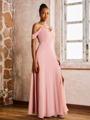 Off-the-shoulder Sheath/Column High Slit Dress with Spaghetti Straps Dusty Rose