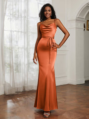 Cowl Neck Mermaid Dress With Sash Rust