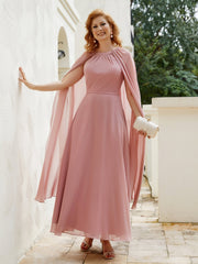A-line Jewel-Neck Chiffon Dress With Long Cape-Dusty Rose