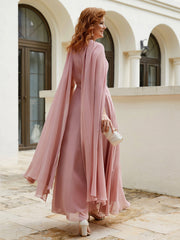 A-line Jewel-Neck Chiffon Dress With Long Cape-Dusty Rose