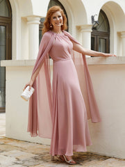 A-line Jewel-Neck Chiffon Dress With Long Cape-Dusty Rose