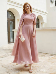 A-line Jewel-Neck Chiffon Dress With Long Cape-Dusty Rose