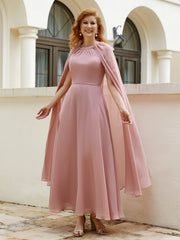 A-line Jewel-Neck Chiffon Dress With Long Cape-Dusty Rose