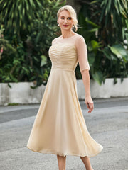 Half Sleeve A-line Tea-length Chiffon Dress Champagne