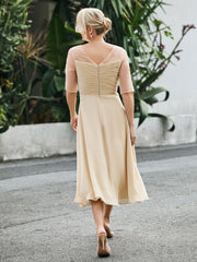 Half Sleeve A-line Tea-length Chiffon Dress Champagne