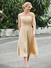 Half Sleeve A-line Tea-length Chiffon Dress Champagne
