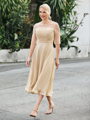 Half Sleeve A-line Tea-length Chiffon Dress Champagne