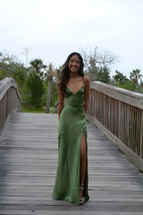 Best Straps V Neck Maxi Dress Green Split Formal Dresses