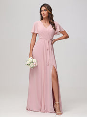 Flutter Sleeves Ruched Chiffon Dress with Sash Dusty Rose