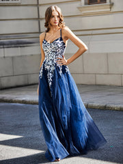 Lace Applique Open Back Long Tulle Gown Dark Navy