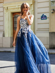 Lace Applique Open Back Long Tulle Gown Dark Navy