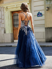 Lace Applique Open Back Long Tulle Gown Dark Navy
