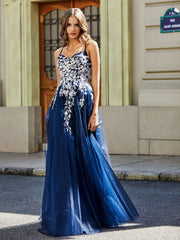 Lace Applique Open Back Long Tulle Gown Dark Navy