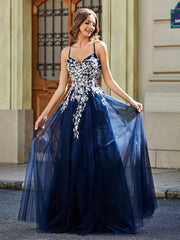 Lace Applique Open Back Long Tulle Gown Dark Navy