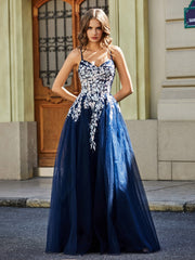 Lace Applique Open Back Long Tulle Gown Dark Navy