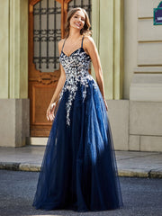 Lace Applique Open Back Long Tulle Gown Dark Navy