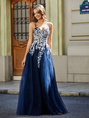 Lace Applique Open Back Long Tulle Gown Dark Navy