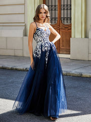 Lace Applique Open Back Long Tulle Gown Dark Navy