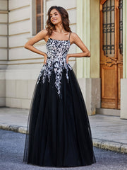 Applique Top Open Back Tulle Lace Dress Black