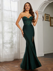 Rhinestone Applique Mermaid Dress With Slit Dark Green