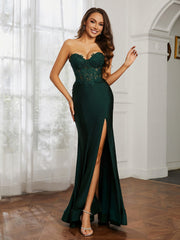 Rhinestone Applique Mermaid Dress With Slit Dark Green