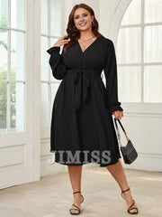 Plus size evening dress mid length dress winter long sleeved wrap V-neck belt A-line flowing party dress