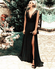 Long Chiffon Plunge Prom Dresses High Slit