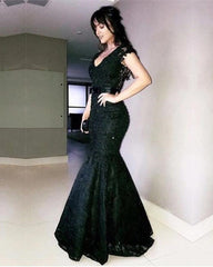 V Neck Bow Sashes Black Lace Mermaid Evening Dresses