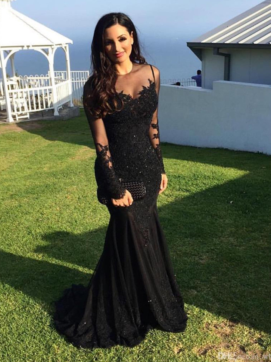 Long Sleeves Black Mermaid Lace Prom Dresses, Black Mermaid Formal Dresses, Evening Dress, Party Dresses