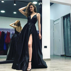 Black Satin V-neck Evening Gowns Long Slit Prom Dresses
