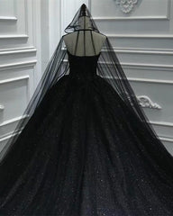 Black Sparkly Wedding Dress Ball Gown With Cape Veil