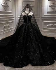 Black Sparkly Wedding Dress Ball Gown With Cape Veil