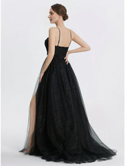 A-Line Prom Dresses Glittering Dress Floor Length Sleeveless Sweetheart Tulle with Appliques