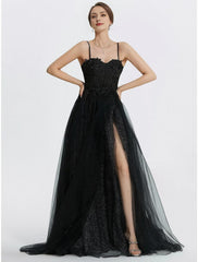 A-Line Prom Dresses Glittering Dress Floor Length Sleeveless Sweetheart Tulle with Appliques