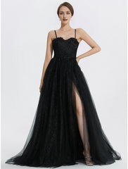 A-Line Prom Dresses Glittering Dress Floor Length Sleeveless Sweetheart Tulle with Appliques