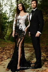 Black And White Beaded Lace Long Sleeves Mermaid Formal Dresses, CP0752