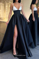 Black And White V-neck Side Slit A-line Formal Dresses, CP0859