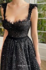 Black Beaded Sequin Lace Sleeveless A-line Ankle Length Prom Dresses,CP0924