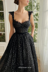 Black Beaded Sequin Lace Sleeveless A-line Ankle Length Prom Dresses,CP0924