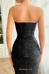 Black Beaded Sequin Strapless Sheath High Slit Evening Dresses, CP0922