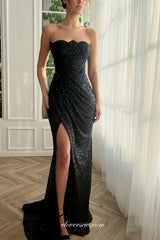 Black Beaded Sequin Strapless Sheath High Slit Evening Dresses, CP0922