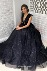 Black Beaded Sequin Tulle Deep V-neck Sleeveless Long Prom Dresses, CP0925